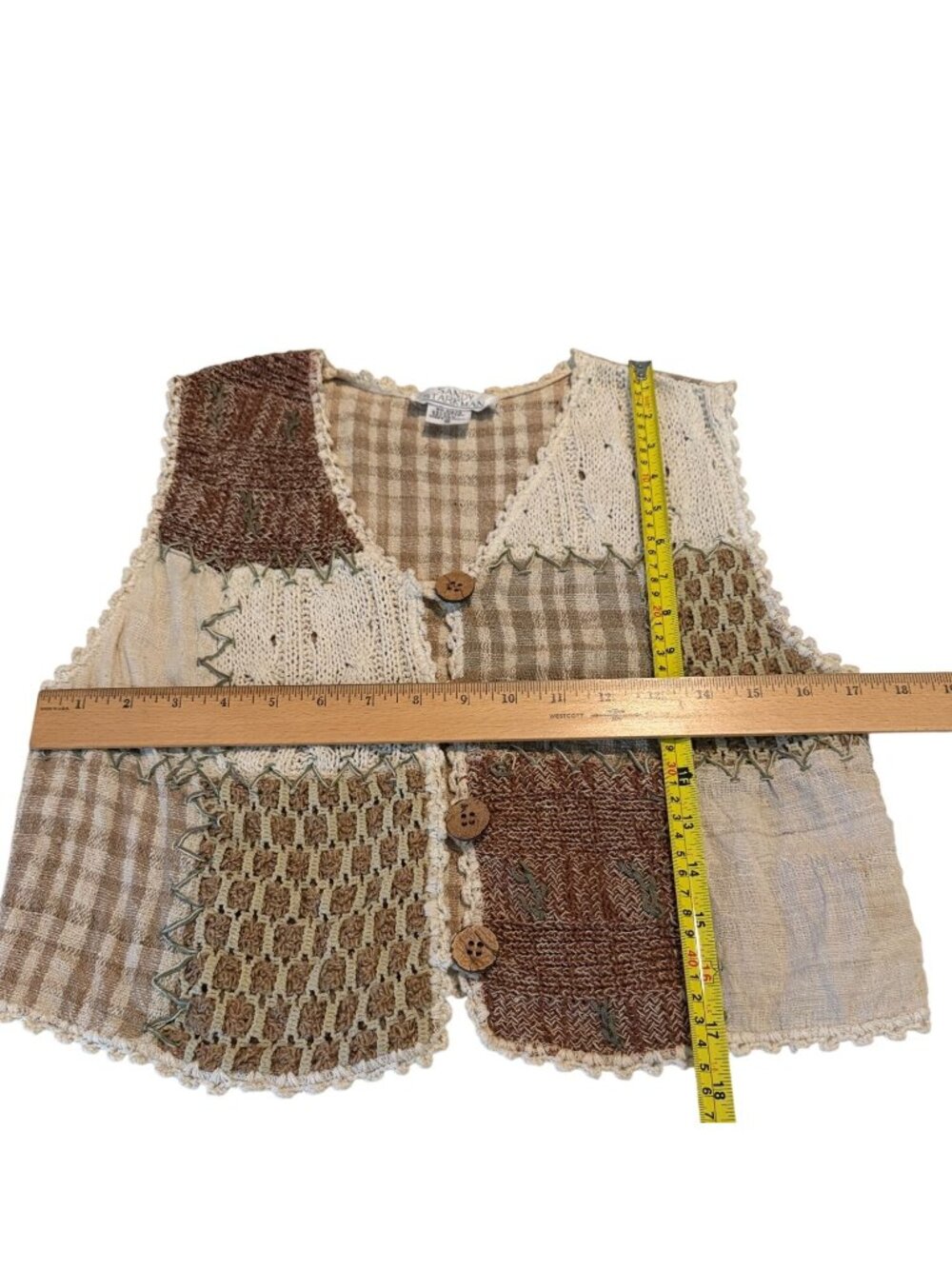 Sandy Starkman Brown Patchwork Crocheted Cotton Silk Vest Size Small - Picture 7 of 7